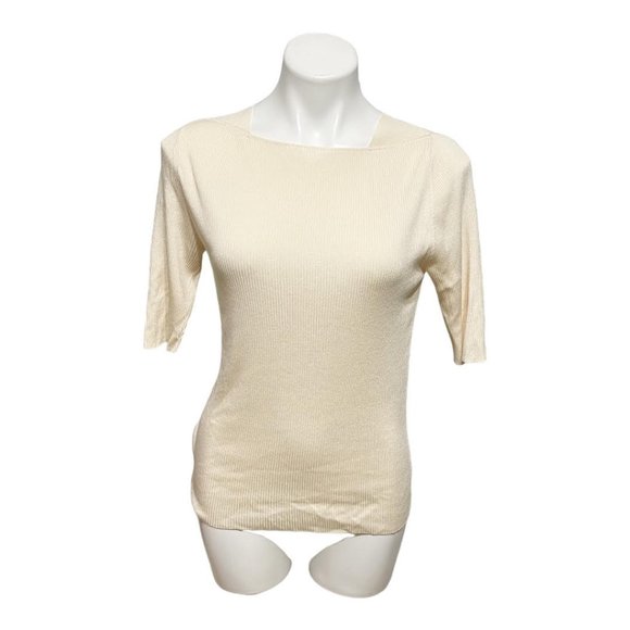 Akris Cream Ribbed 1/2 Sleeve Square Neck Lightweight Sweater - Picture 2 of 7